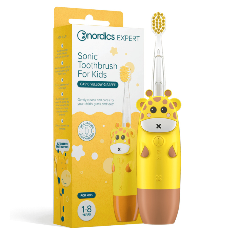 Nordics Oral Care Sonický dětský zubní kartáček Žlutá žirafa 1-8 let
