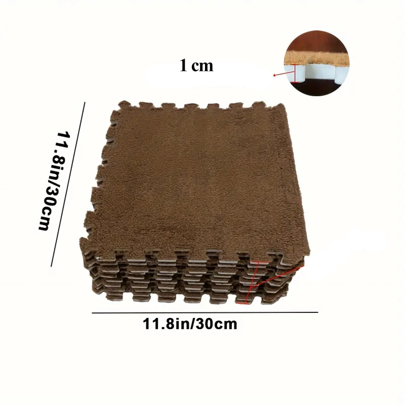 Sada pěnových puzzle kobercových dlaždic s plyšem, hnědé 30 × 30 cm (12 ks)