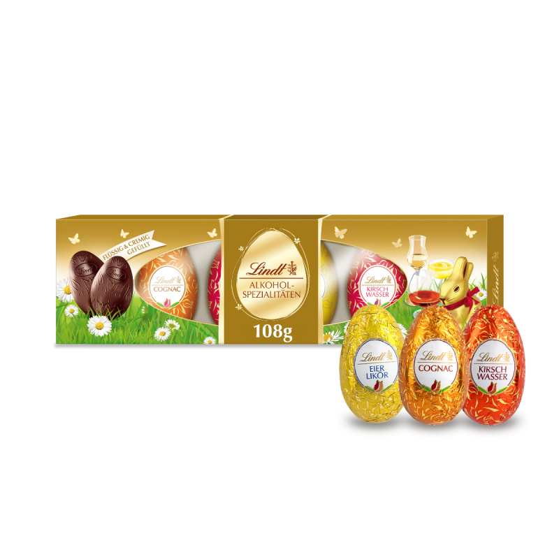 Lindt Velikonoční čokoládová vajíčka plněná různým alkoholem