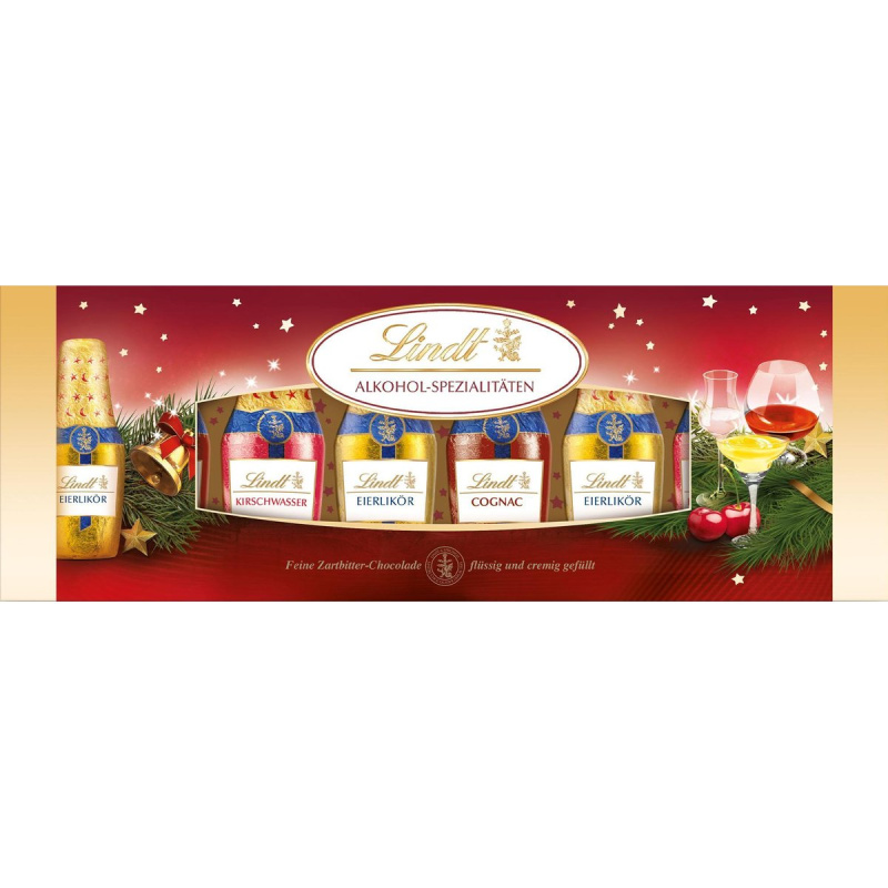 Lindt Vánoční čokoládové lahvičky plněné různým alkoholem
