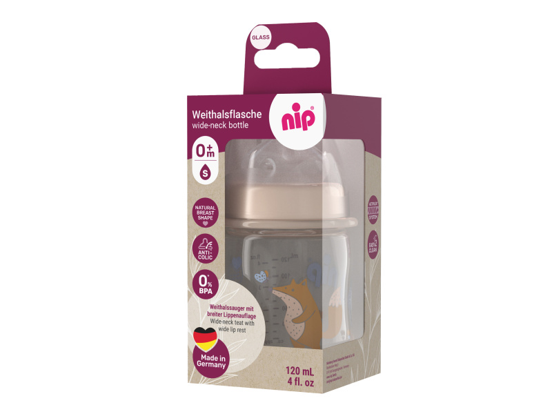 Nip skleněná láhev se širokým hrdlem, 120 ml, holka, silikon dudlík M