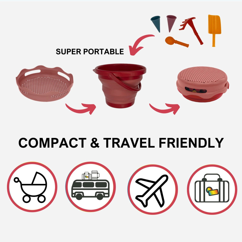 Schildkröt - sada hraček na písek - skládací kyblík červený – 7 ks