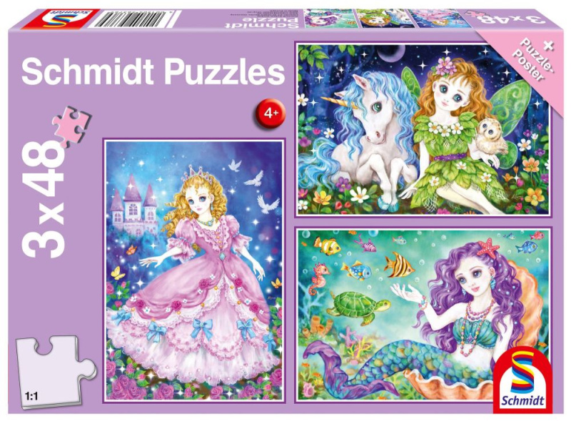 Puzzle princezna, víla a mořská panna 3x48 dílků
