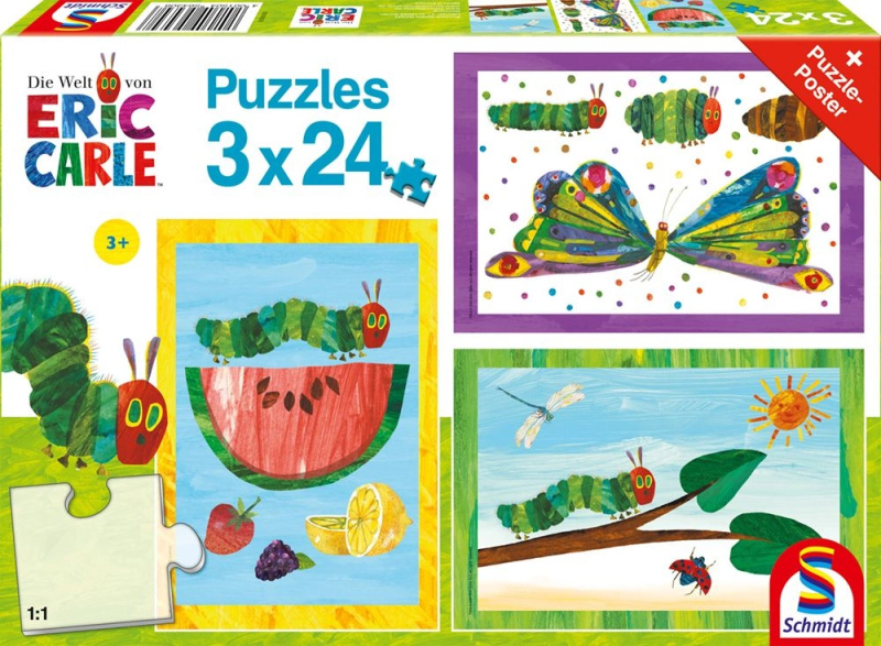 Kleine Raupe Nimmersatt – housenka, kokon, motýl, puzzle 3×24 dílků