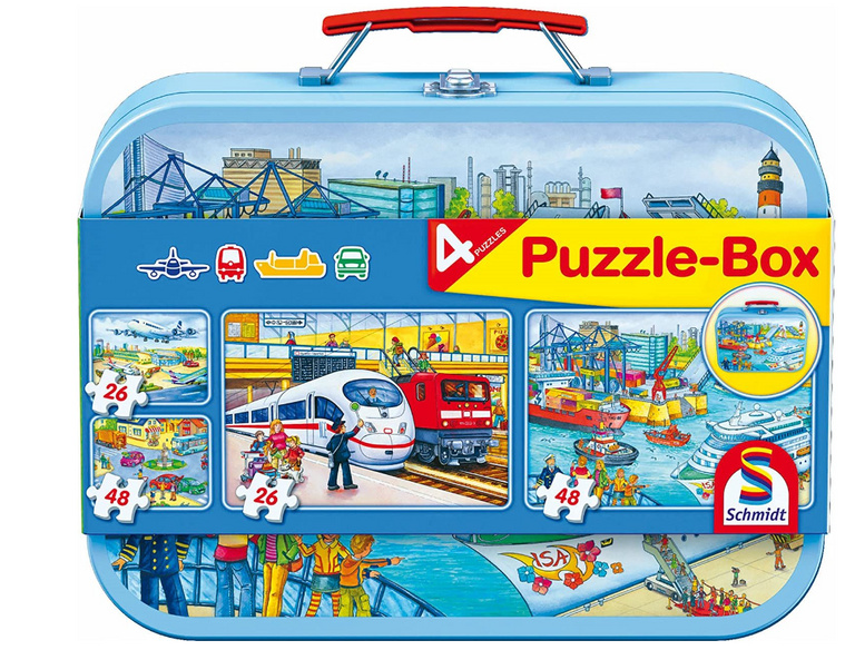 SCHMIDT Puzzle Doprava 4v1 v plechovém kufříku (26,26,48,48 dílků)