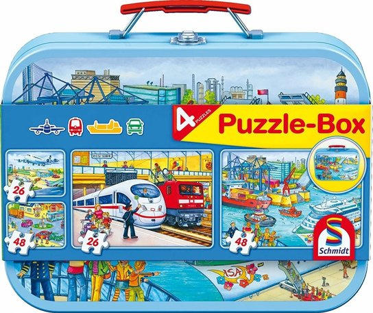 SCHMIDT Puzzle Doprava 4v1 v plechovém kufříku (26,26,48,48 dílků)