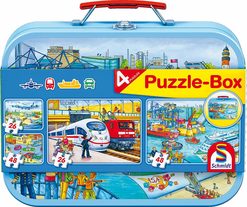 SCHMIDT Puzzle Doprava 4v1 v plechovém kufříku (26,26,48,48 dílků)