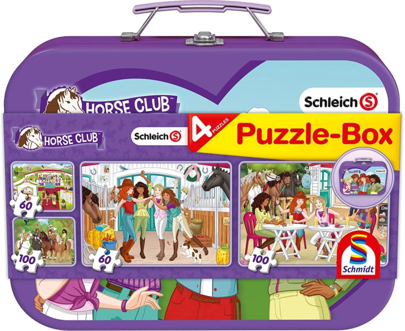 SCHMIDT Schleich: Horse Club 4v1 v plechovém kufříku 60,60,100,100 dílků