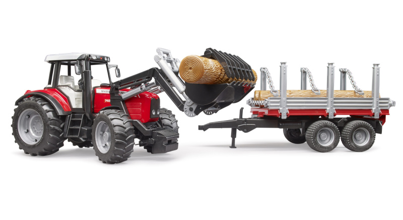 Bruder Traktor Massey Ferguson 7480 s čelním nakladačem a přepravníkem klád