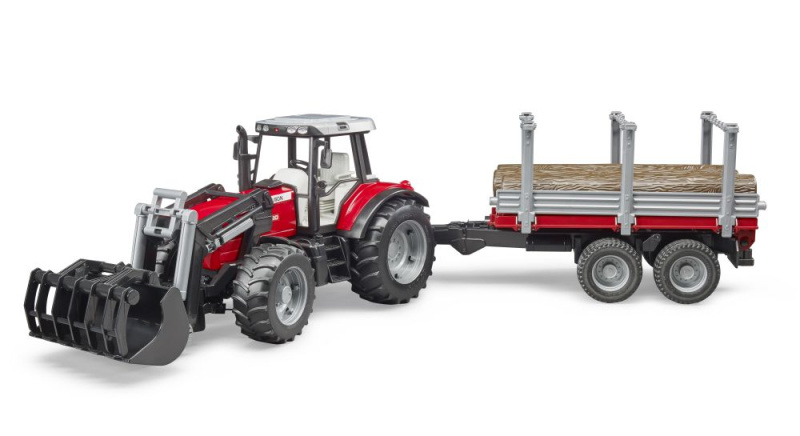 Bruder Traktor Massey Ferguson 7480 s čelním nakladačem a přepravníkem klád