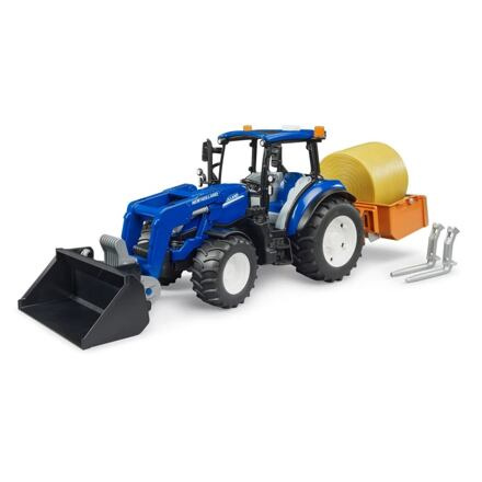 Bruder 2187 New Holland T5.120 s čelním nakladačem, korbou, vidlemi a kulatými balíky