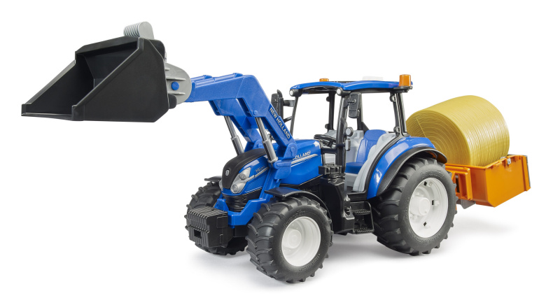 Bruder Traktor New Holland T5.120 s čelním nakladačem, korbou, vidlemi a kulatým balíkem
