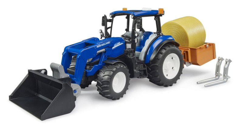 Bruder Traktor New Holland T5.120 s čelním nakladačem, korbou, vidlemi a kulatým balíkem