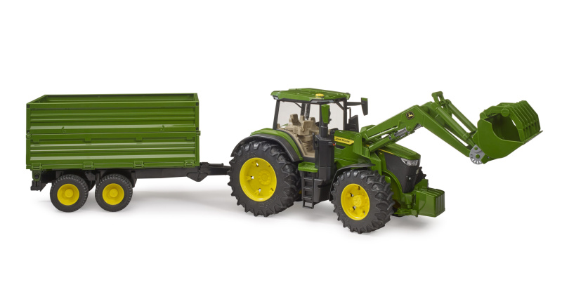 Bruder Traktor John Deere 7R 350 s čelním nakladačem a tandemovým přepravním přívěsem