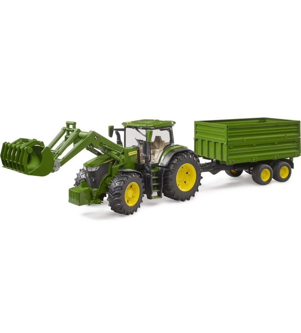 Bruder Traktor John Deere 7R 350 s čelním nakladačem a tandemovým přepravním přívěsem