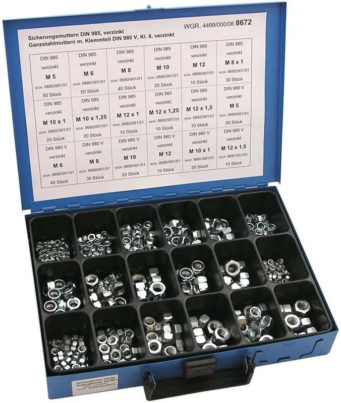 Dresselhaus Pojistné matice 6hranné DIN 985 a DIN 980 V, pozinkované, sada 450 ks v kufru