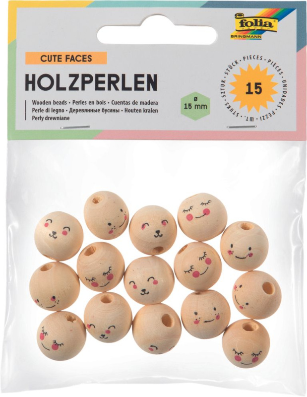 Dřevěné korálky - obličeje - 15 ks