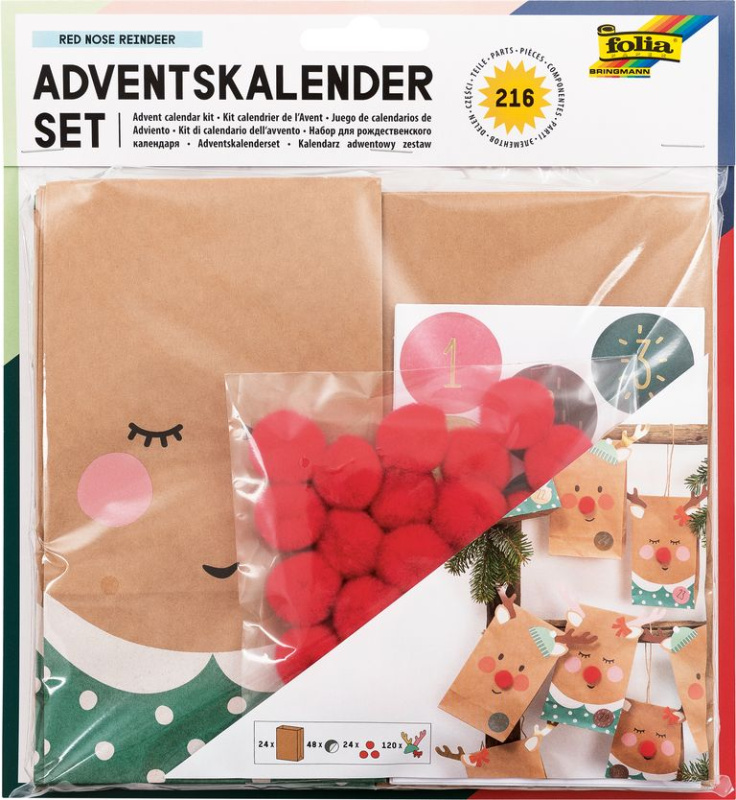 Adventní kalendář - set - papírové sáčky - 216 ks "RED NOSE"