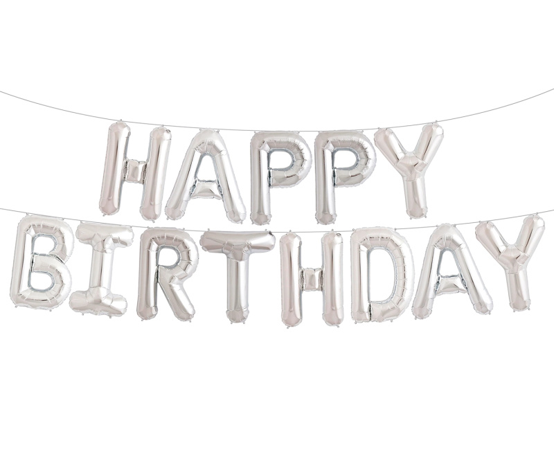 Stříbrný fóliový balonový nápis Happy Birthday 4,6 m