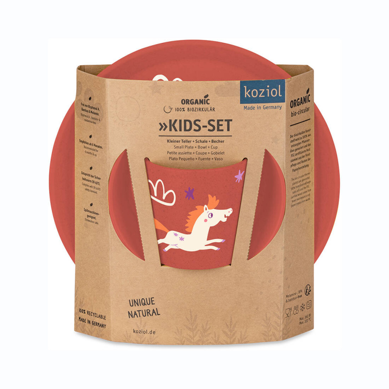 Dětská jídelní sada: talíř, miska, hrnek CONNET Tlapková patrola, organic red, KOZIOL červená