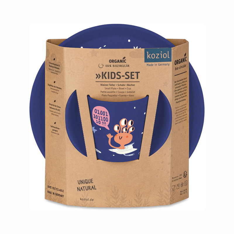 Dětská jídelní sada: talíř, miska, hrnek DREAMS organic blue, KOZIOL tmavě modrá