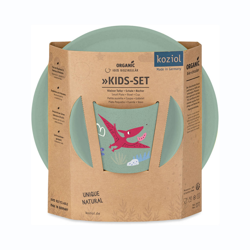 Dětská jídelní sada: talíř, miska, hrnek DREAMS organic green, KOZIOL zelená