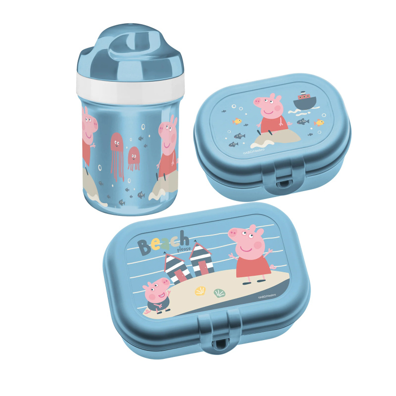Sada: láhev 200 ml a svačinová krabička Prasátko Peppa Waves To Go, 3dílná, KOZIOL modrý