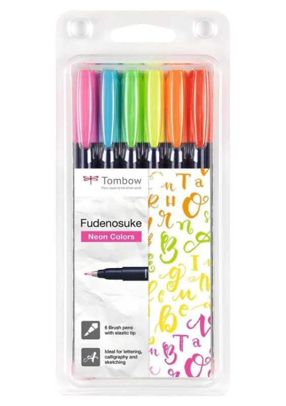 Tombow Sada štětcových fixů Tombow Fudenosuke, tvrdý hrot, 6 ks - neonové barvy
