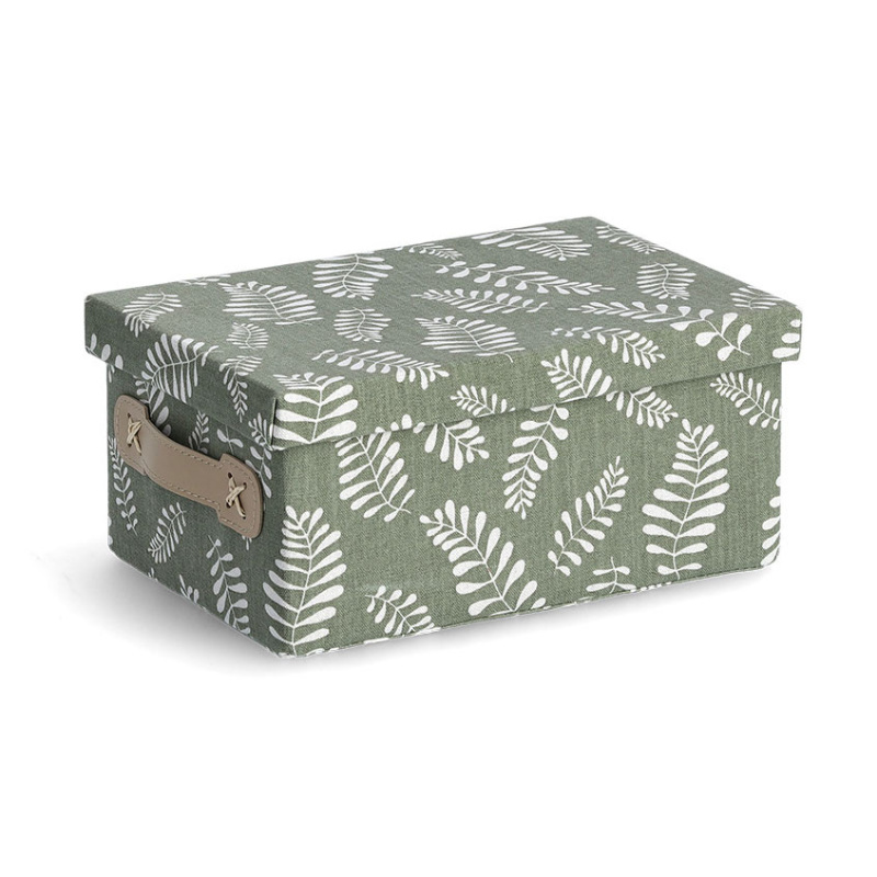 Zeller Úložný box s víkem, bavlněný, motiv listů, zelený, 28 x 19,5 x 13 cm zelený