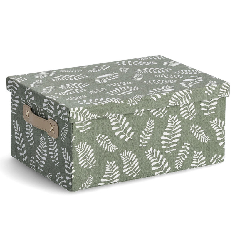 Zeller Úložný box s víkem, bavlněný, motiv listů, zelený, 36 x 26 x 13,5 cm zelený