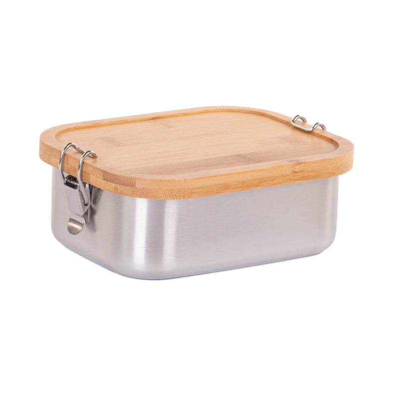 Zeller Svačinový box s bambusovým víkem a klipem, 16 x 11,5 x 6 cm stříbrná