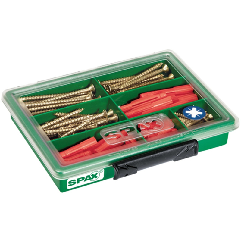 Spax Sada vrutů se zápustnou hlavou PZ ve 4 rozměrech a hmoždinek, 130dílná