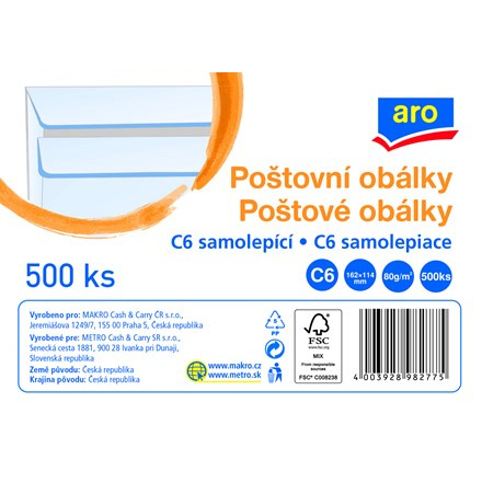 aro Obálka C6 samolepicí bílá 500 ks