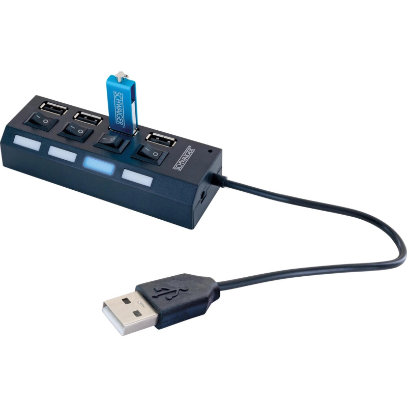 Schwaiger Rozbočovač USB 2.0 s vypínačem a LED diodami, 4x USB-A, černá