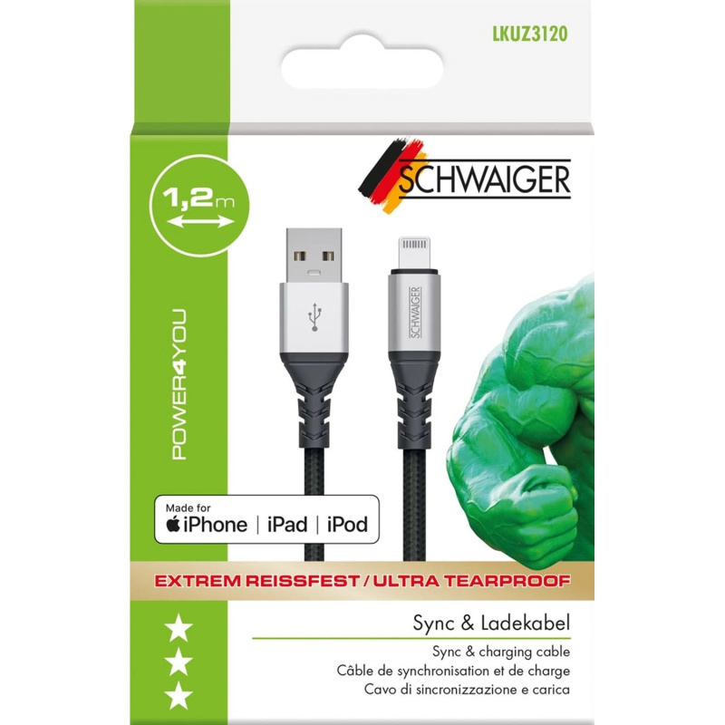 Schwaiger Nezničitelný synchronizační a nabíjecí kabel USB-A/Lightning, 1,2 m