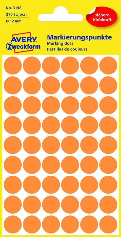 Kulaté etikety Avery Zweckform - neon oranžová, d=12 mm