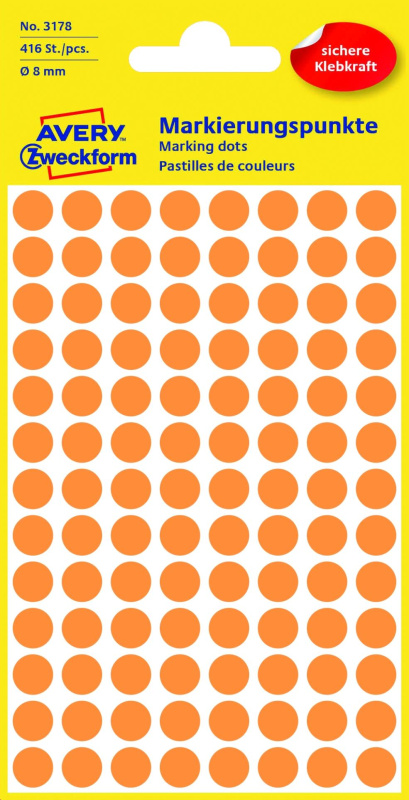 Kulaté etikety Avery Zweckform - neon oranžová, d=8 mm