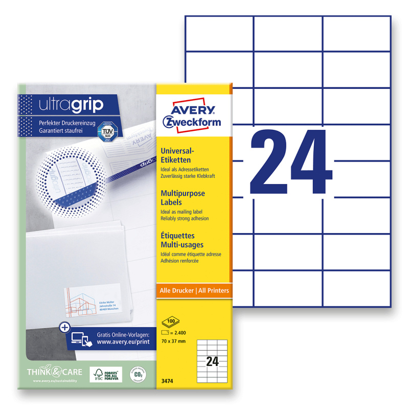 Avery Zweckform Samolepicí etikety Avery - 70,0 x 37,0 mm, 2400 etiket