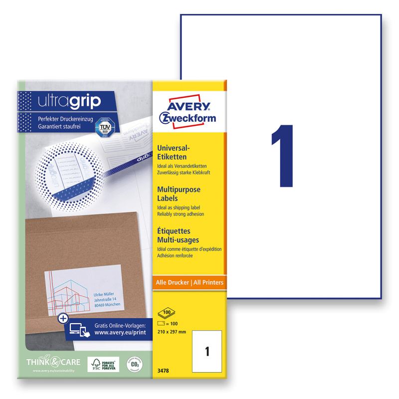 Avery Zweckform Samolepicí etikety Avery - 210,0 x 297,0 mm, 100 etiket