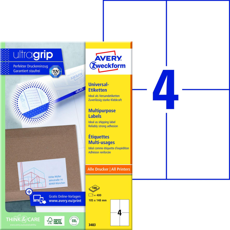 Avery Zweckform Žluté univerzální etikety, 105 x 148 mm, 400 ks