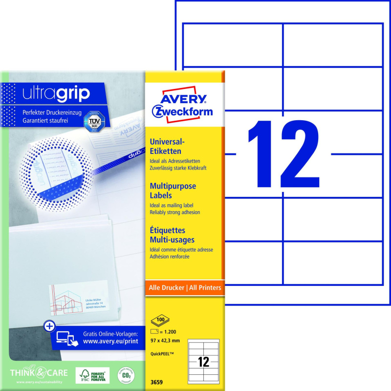 Avery Zweckform Samolepicí etikety Avery - 97,0 x 42,3 mm, 1200 etiket