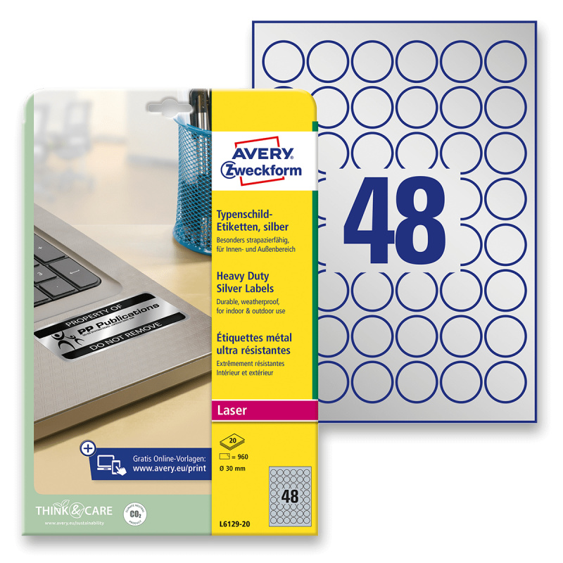 Avery Zweckform - stříbrné PET etikety - kulaté 30 mm 960 etiket