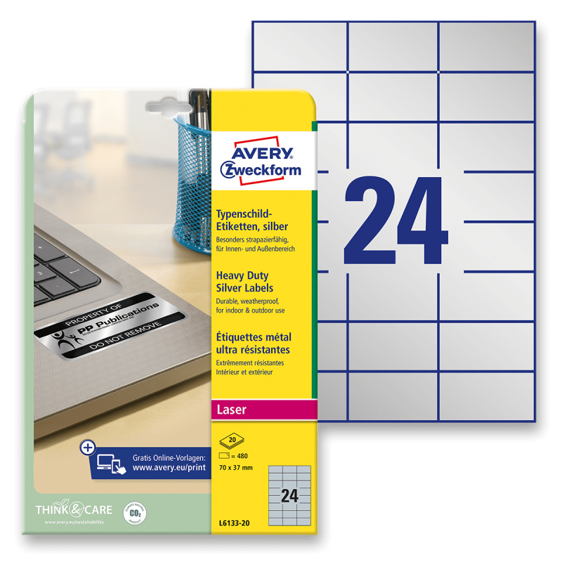 Avery Zweckform - stříbrné PET etikety - 70,0 x 37,0 mm, 480 etiket