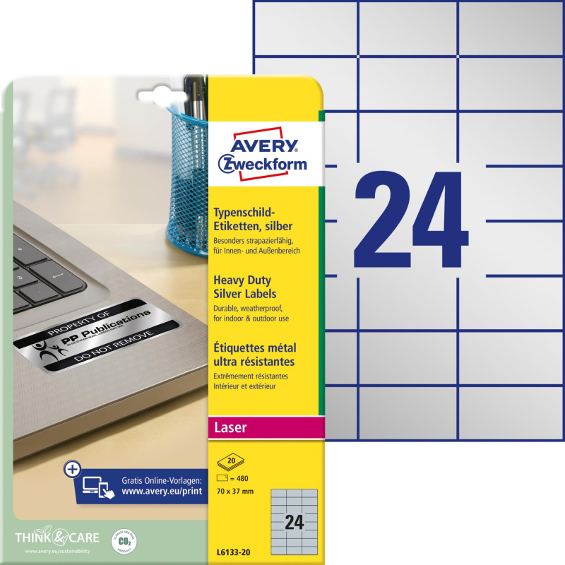 Velmi odolné polyesterové etikety Avery Zweckform - stříbrné, 70 x 37 mm, 480 ks
