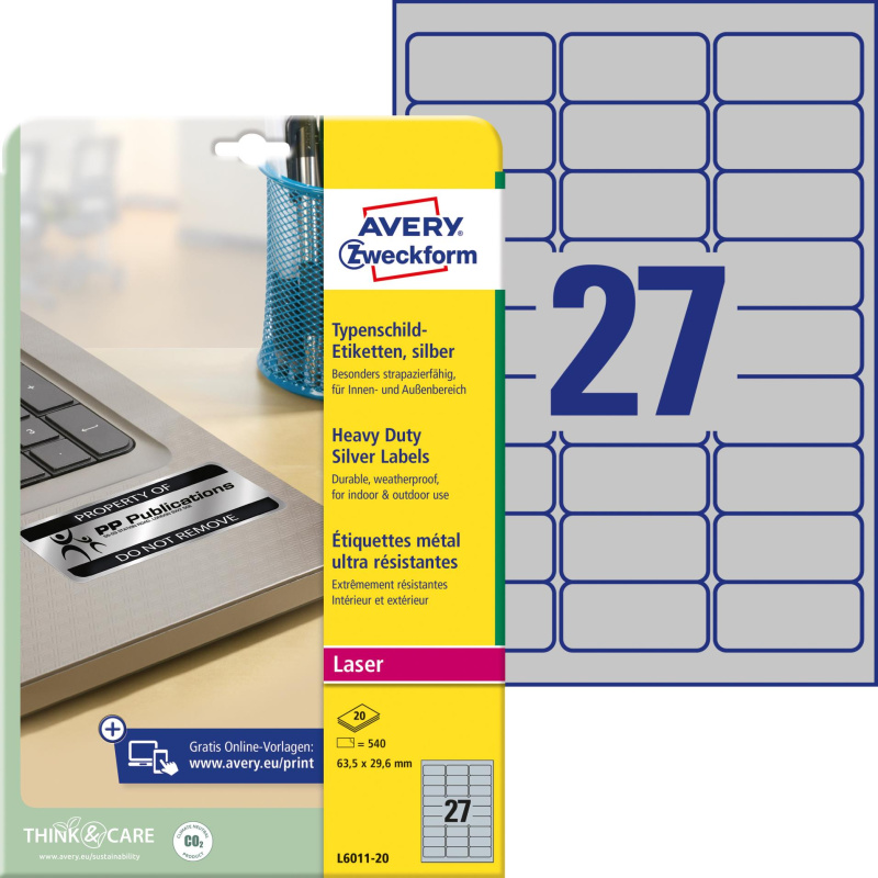 Avery Zweckform Samolepicí etikety velmi odolné polyesterové - stříbrné, 63,5 x 29,6 mm, 540 ks