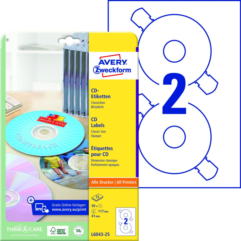 Avery Zweckform Samolepicí etikety na CD/DVD Avery ClassicSize - průměr 117 mm, 50 ks