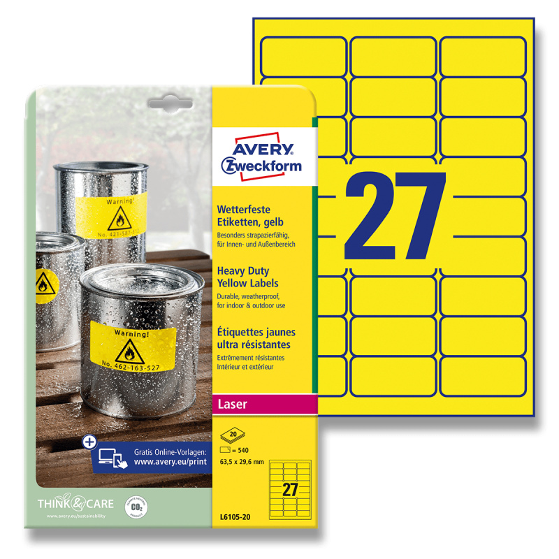 Avery Zweckform - žluté PET etikety - 63,5×29,6 mm, 540 etiket