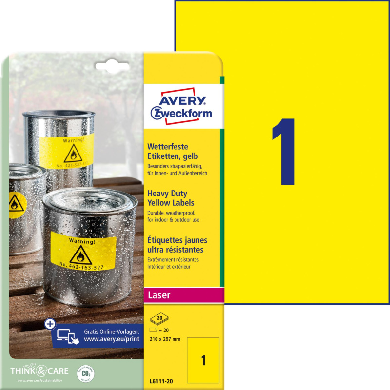 Polyesterové velmi odolné etikety Avery Zweckform - žluté, 210 x 297 mm, 20 ks