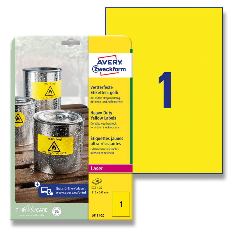 Polyesterové velmi odolné etikety Avery Zweckform - žluté, 210 x 297 mm, 20 ks