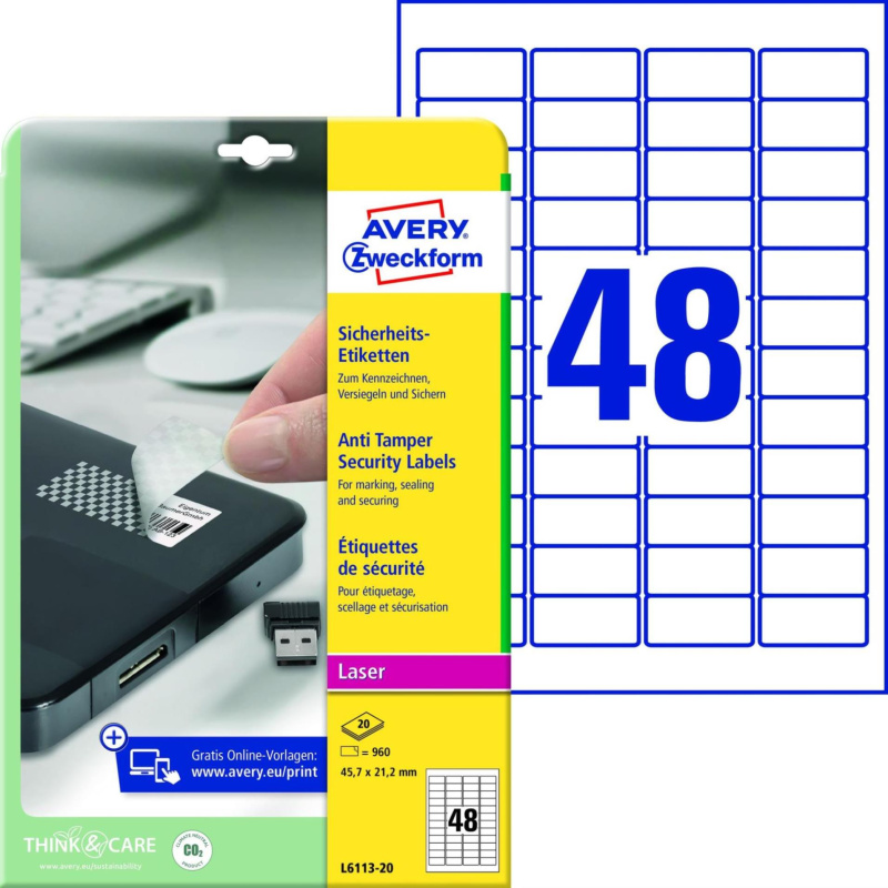 Etikety s ochranou proti manipulaci Avery Zweckform - bílé, 45,7 x 21,2 mm, 960 ks